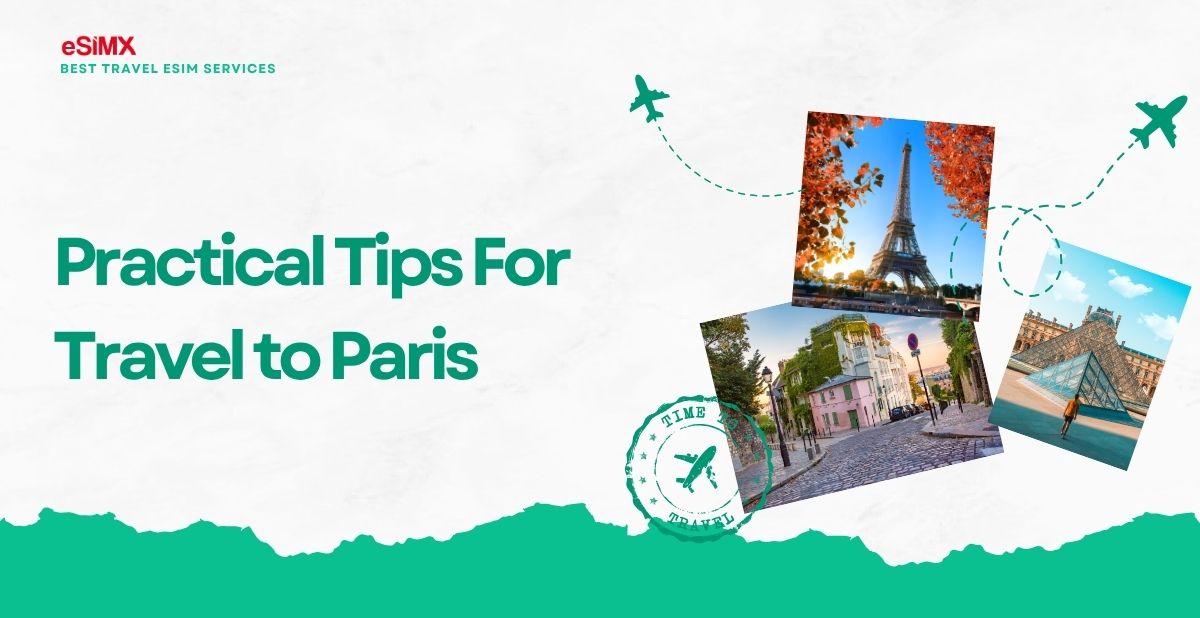 Banners for Paris tourism with texts "pratical tips for travel to paris"