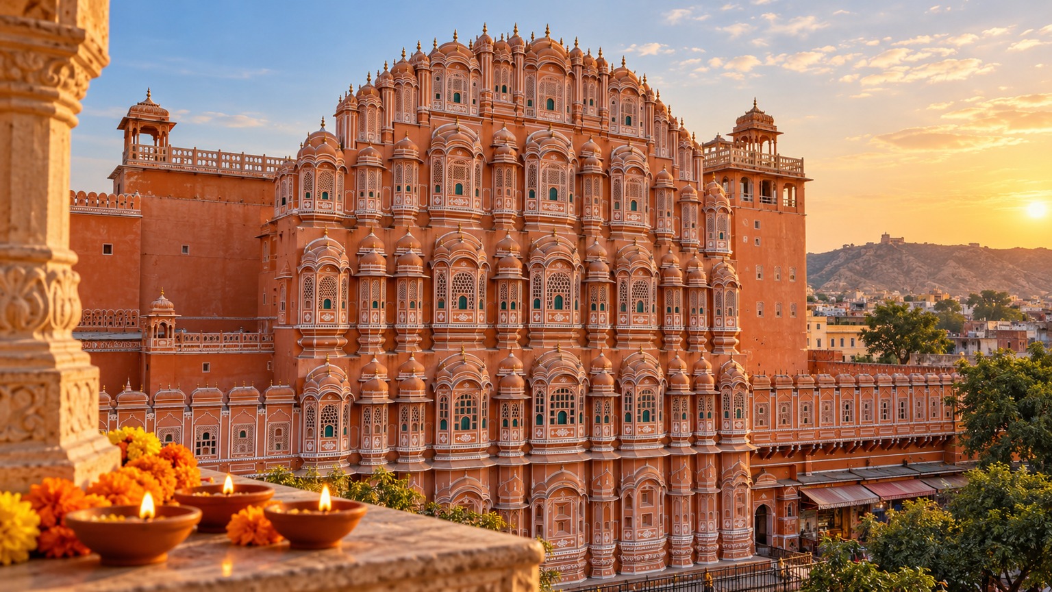 Three lit clay lamps and orange-yellow marigolds on a stone ledge overlook Jaipur’s pink Hawa Mahal, with a low sun and distant hills to the right.